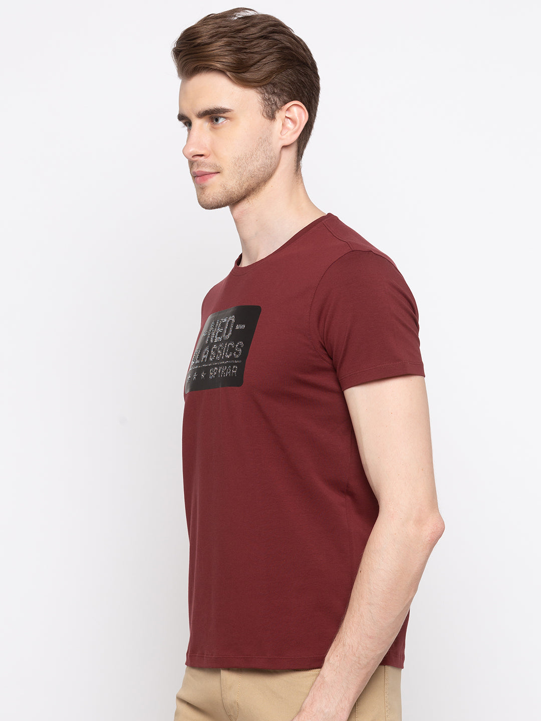 Spykar Red Cotton Slim Fit T-Shirt For Men