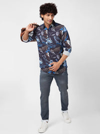 Spykar Men Indigo Blue Viscose Regular Slim Fit Full Sleeve Causal Printed Shirt
