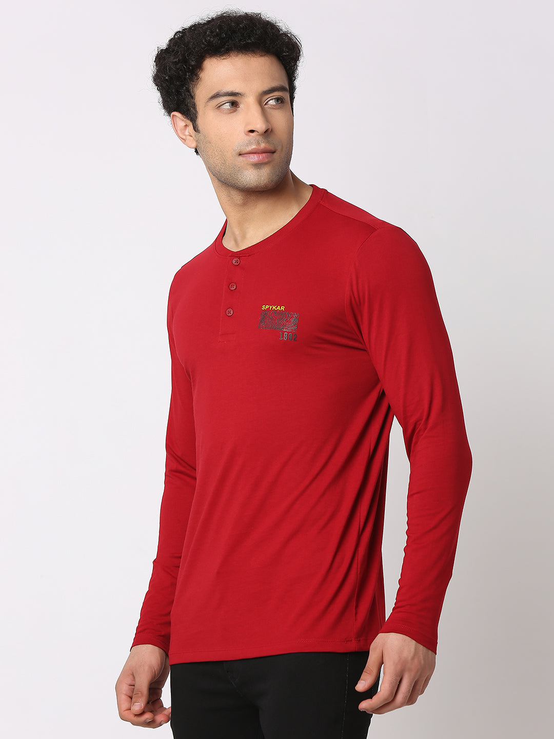 Spykar Men Deep Red Cotton Slim Fit Henley Neck Plain T-Shirt