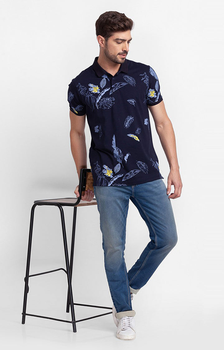 Spykar Navy Blue Cotton Half Sleeve Printed Casual Polo T-Shirt For Men