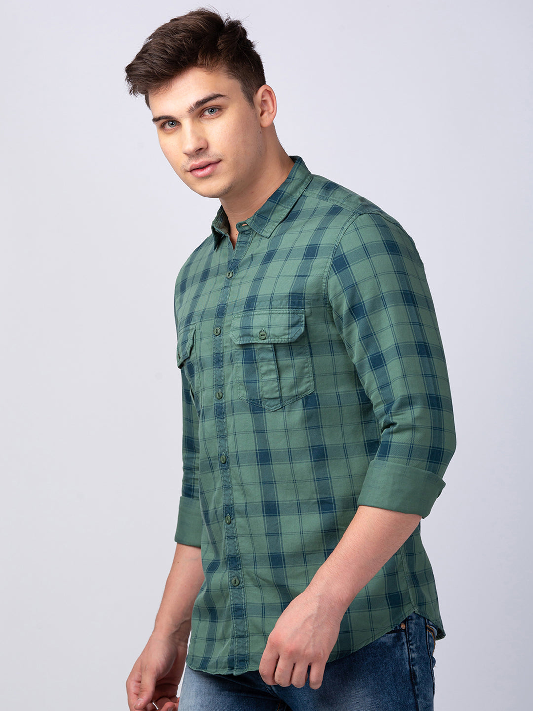 Spykar Men Sage Green Cotton Slim Fit Checkered Shirt