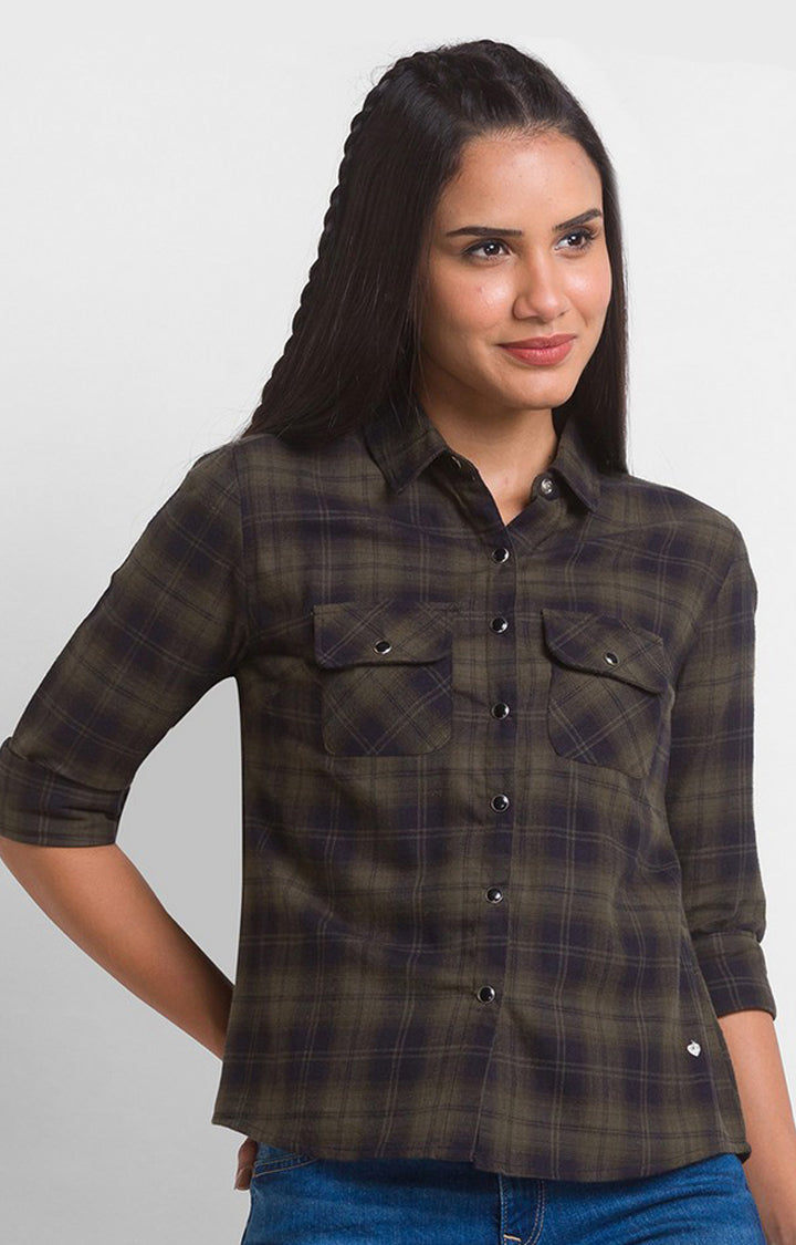 Spykar Olive Cotton Full Sleeve Checks Shirts For Women