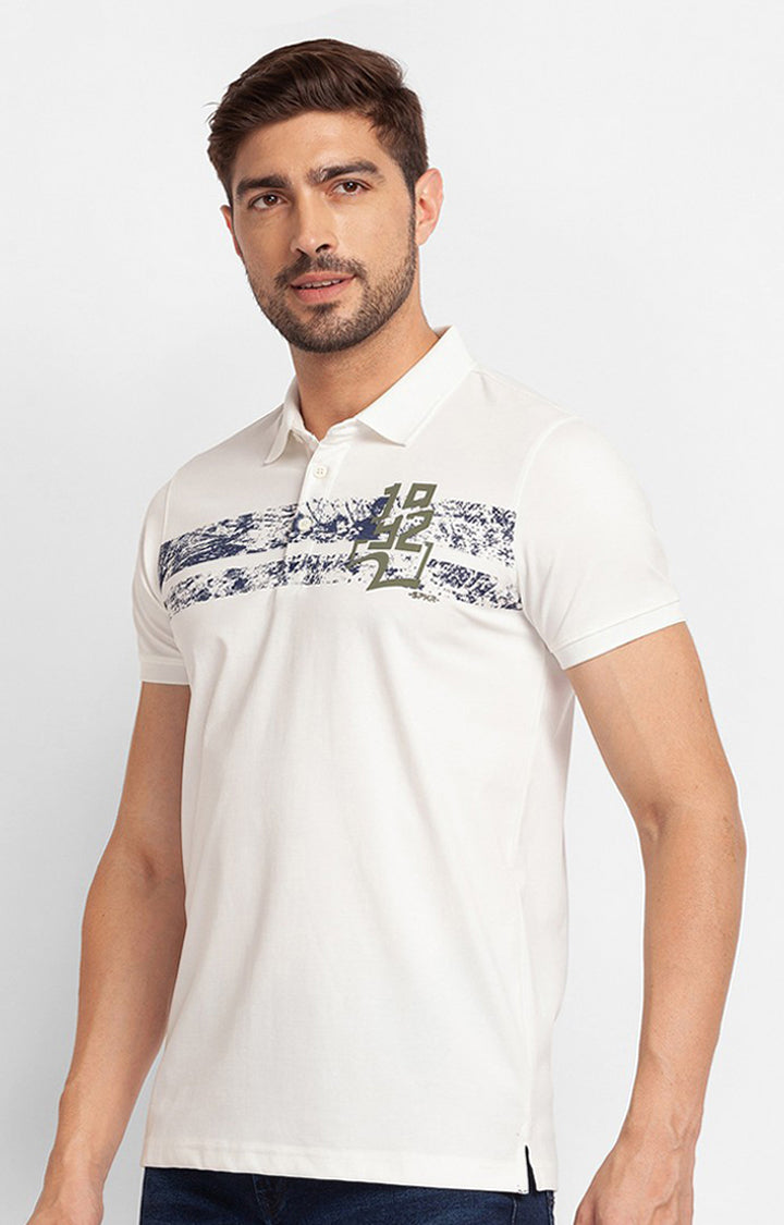 Spykar Ecru Cotton Half Sleeve Printed Casual Polo T-Shirt For Men