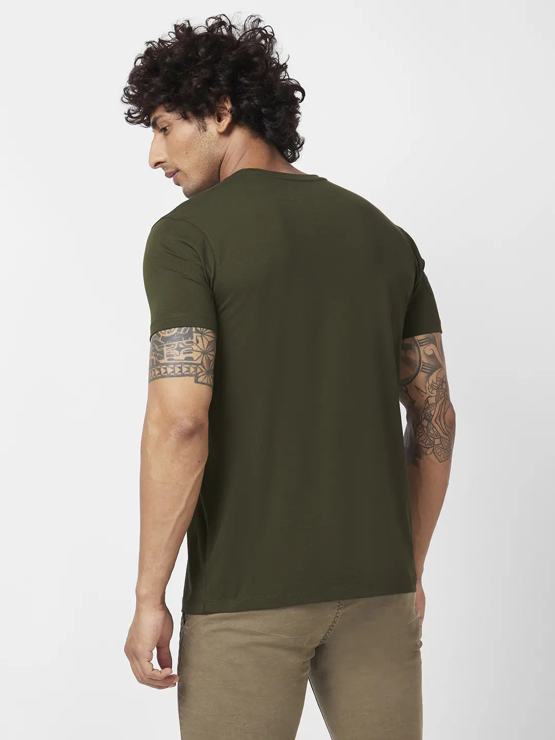 Spykar Men Rifle Green Blended Slim Fit Half Sleeve V-Neck Plain Tshirt