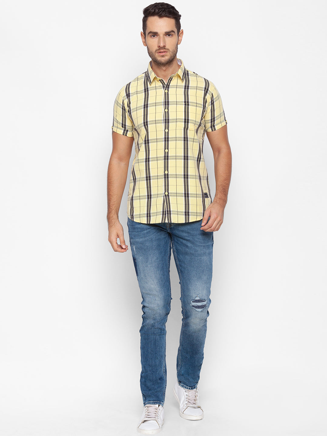 Spykar Slim Fit Yellow Cotton Men Shirt