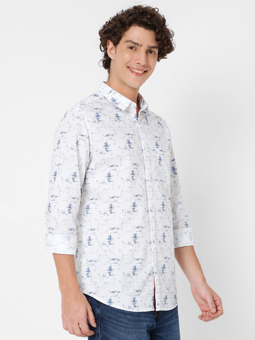 Spykar White Cotton Full Sleeve Printed Shirt For Men