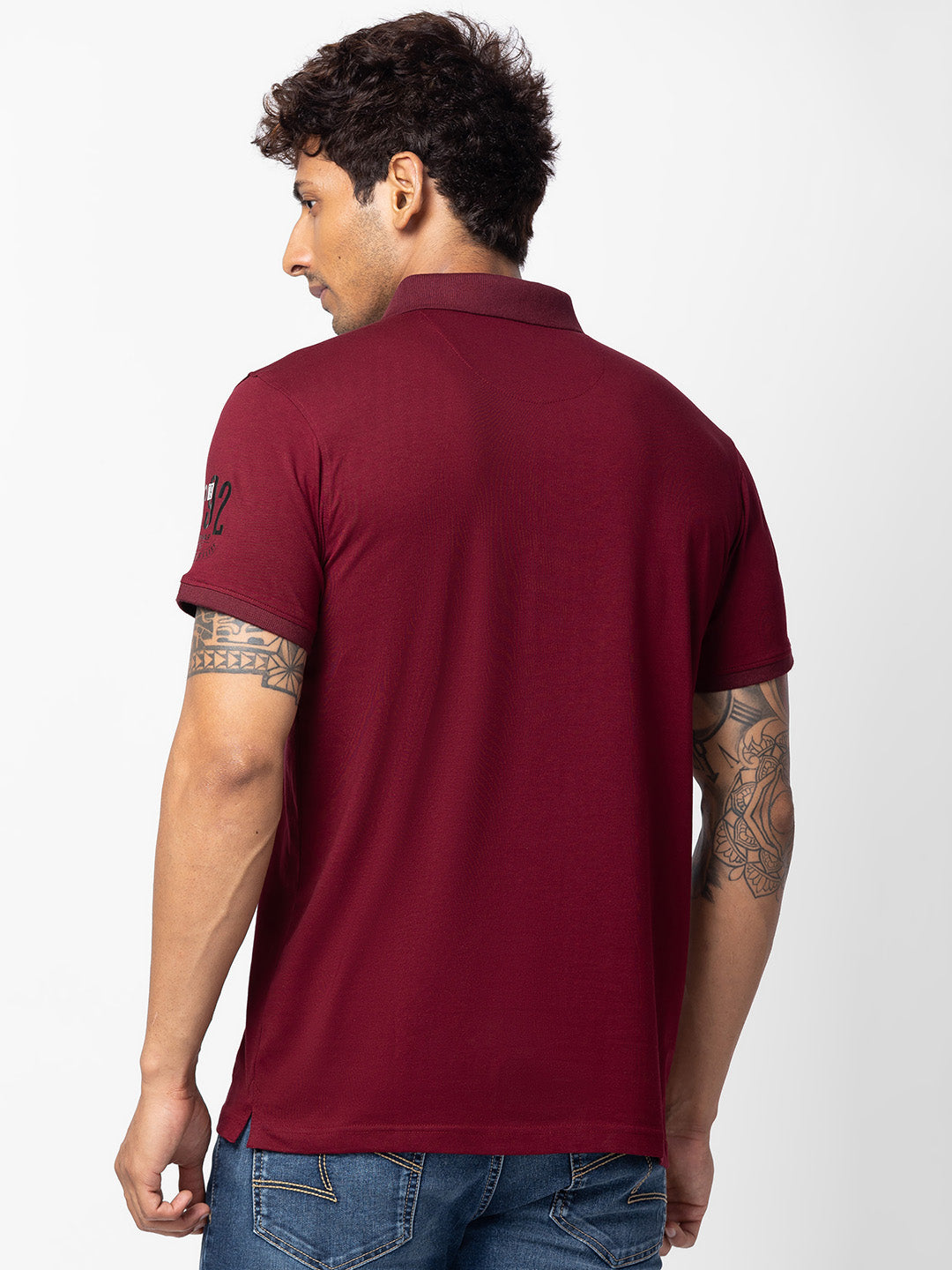 Spykar Men Wine Cotton Regular Fit Half Sleeve Printed Polo T-Shirt