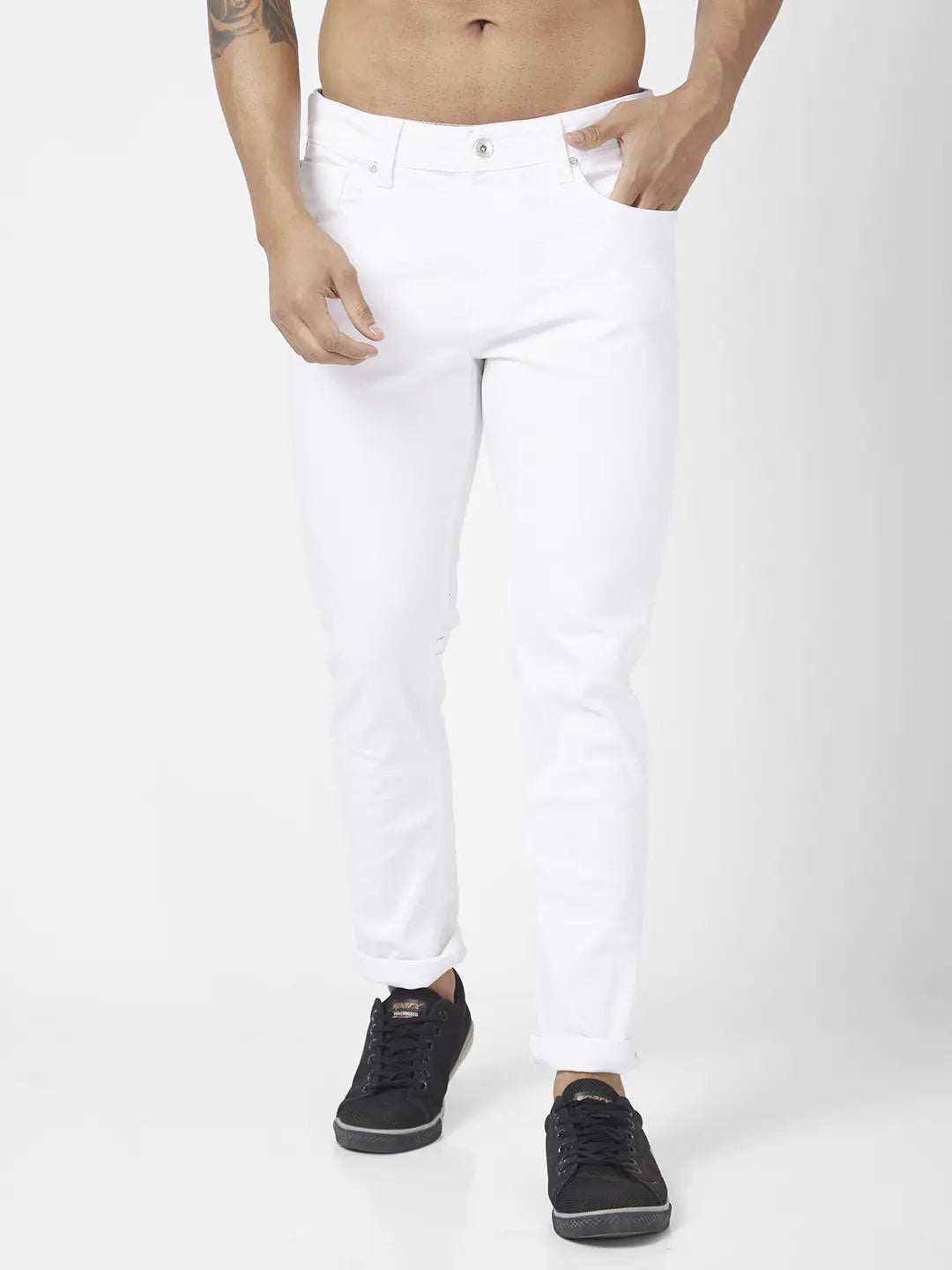 Spykar Men White Cotton Stretch Slim Fit Narrow Length Clean Look Low Rise Jeans (Skinny)