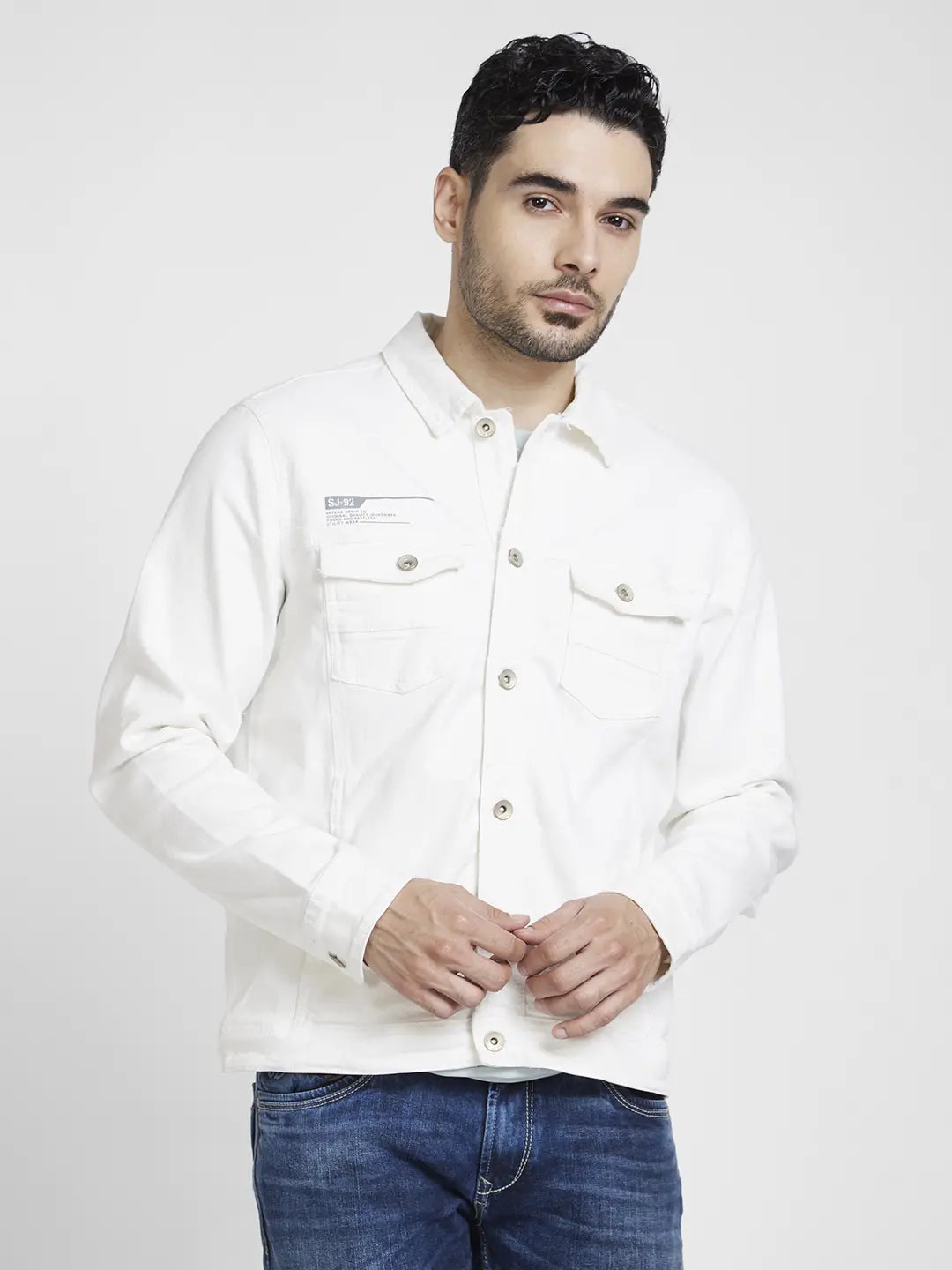 Buy Online Spykar Men White Cotton Regular Fit Denim Jacket