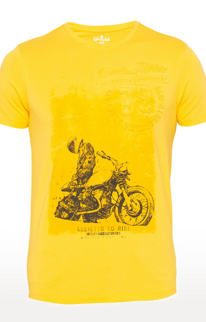 Spykar Yellow Printed Slim Fit Men T-Shirts