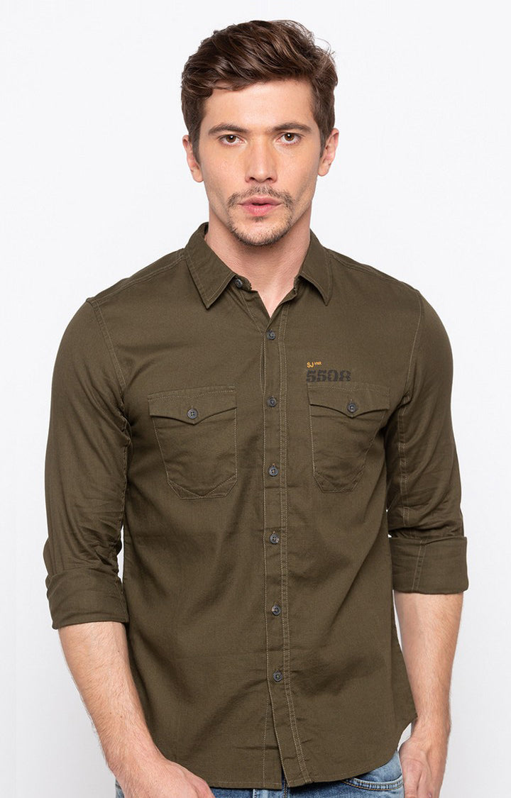 Spykar Men'S Green Cotton Solid Casual Shirts