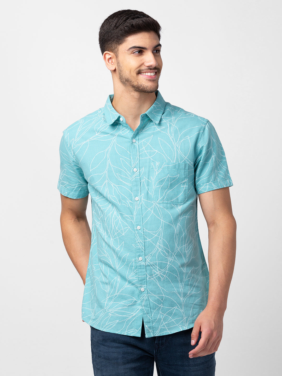 Spykar Men Cool Blue Cotton Slim Fit Printed Shirt