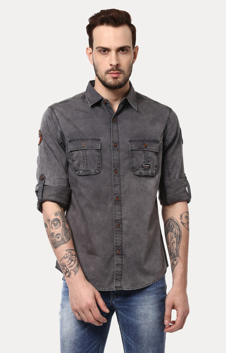 Spykar Men'S Grey Cotton Solid Casual Shirts