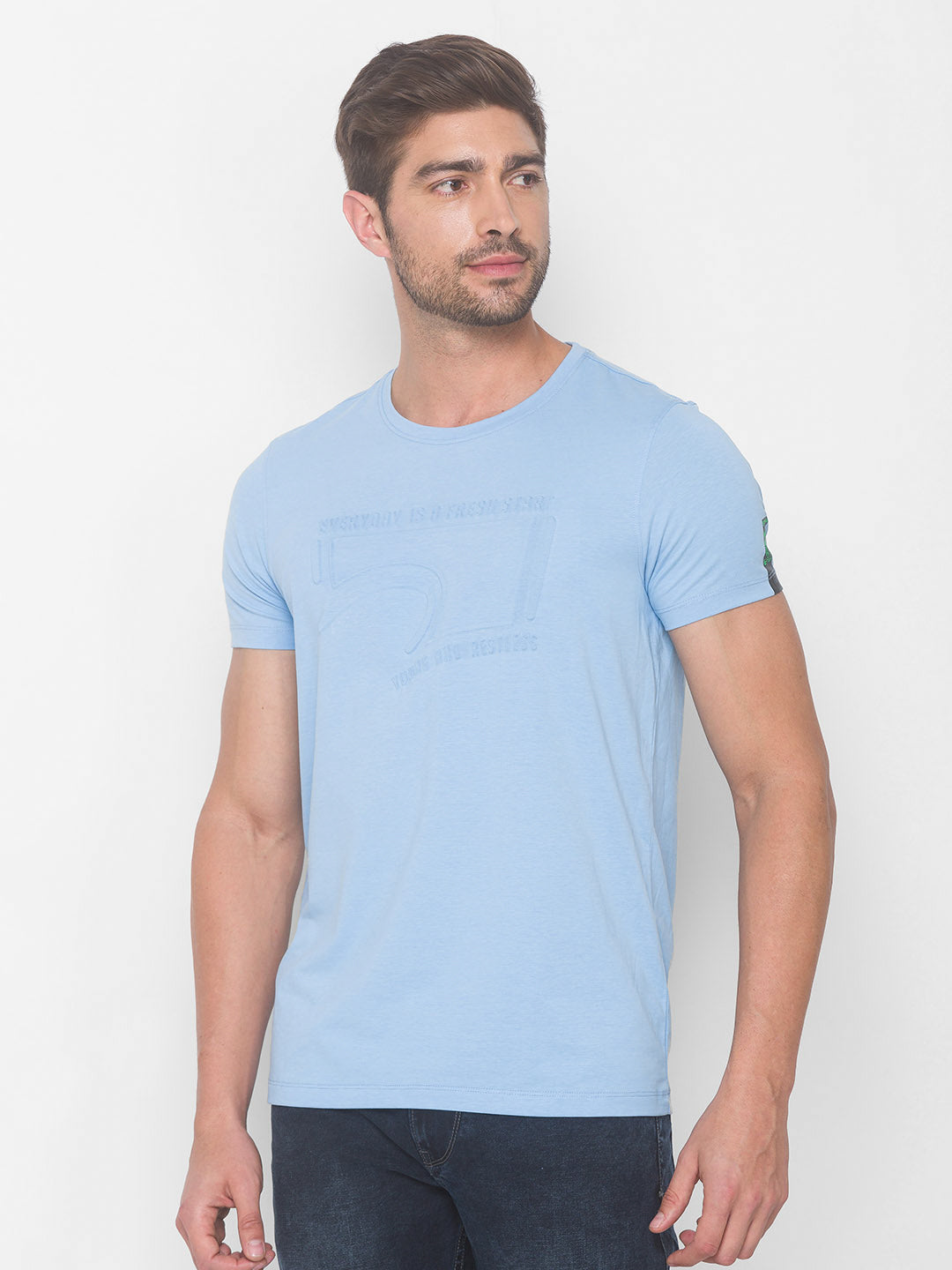 Spykar Men Blue Cotton Slim Fit Round Neck T-Shirt