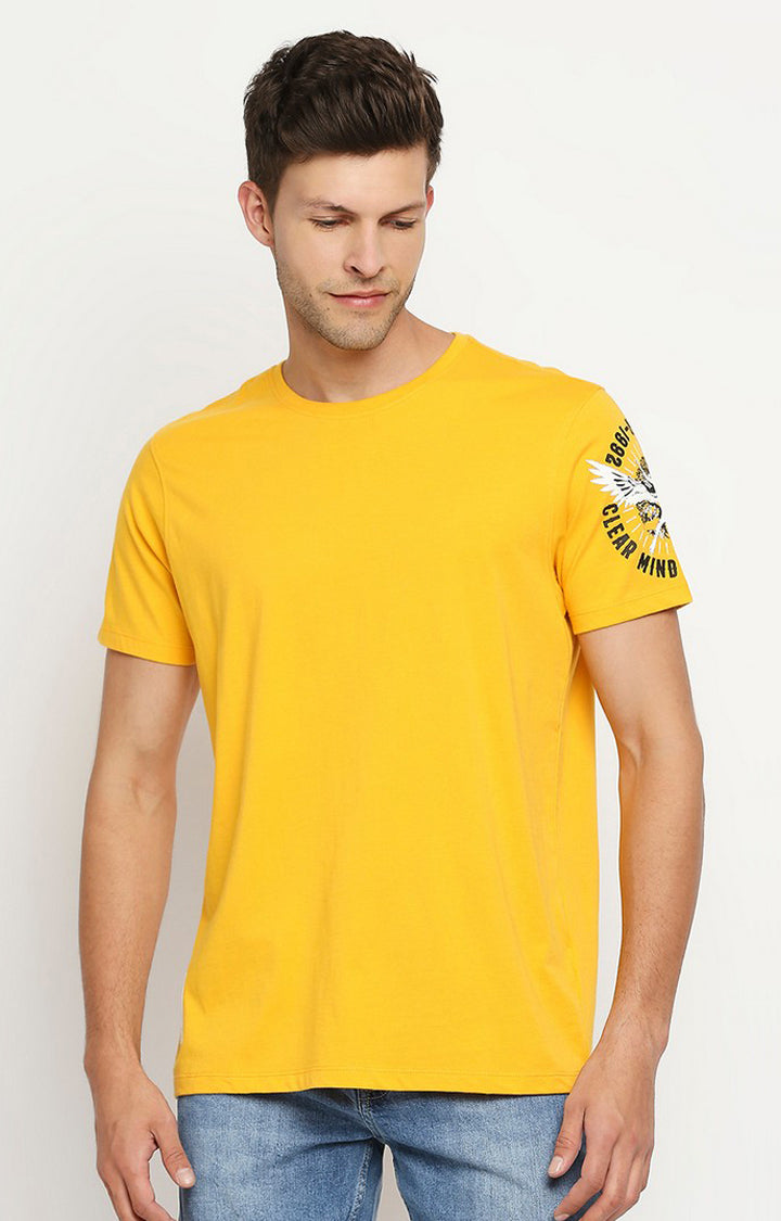 Spykar Men Yellow Cotton Slim Fit Round Neck T-Shirt