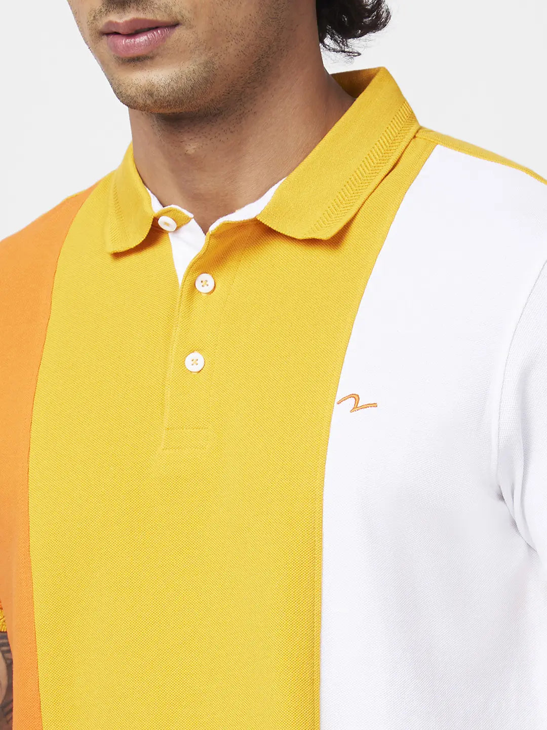 Spykar Men Mustard Yellow Cotton Slim Fit Half Sleeve Polo Neck Printed Tshirt