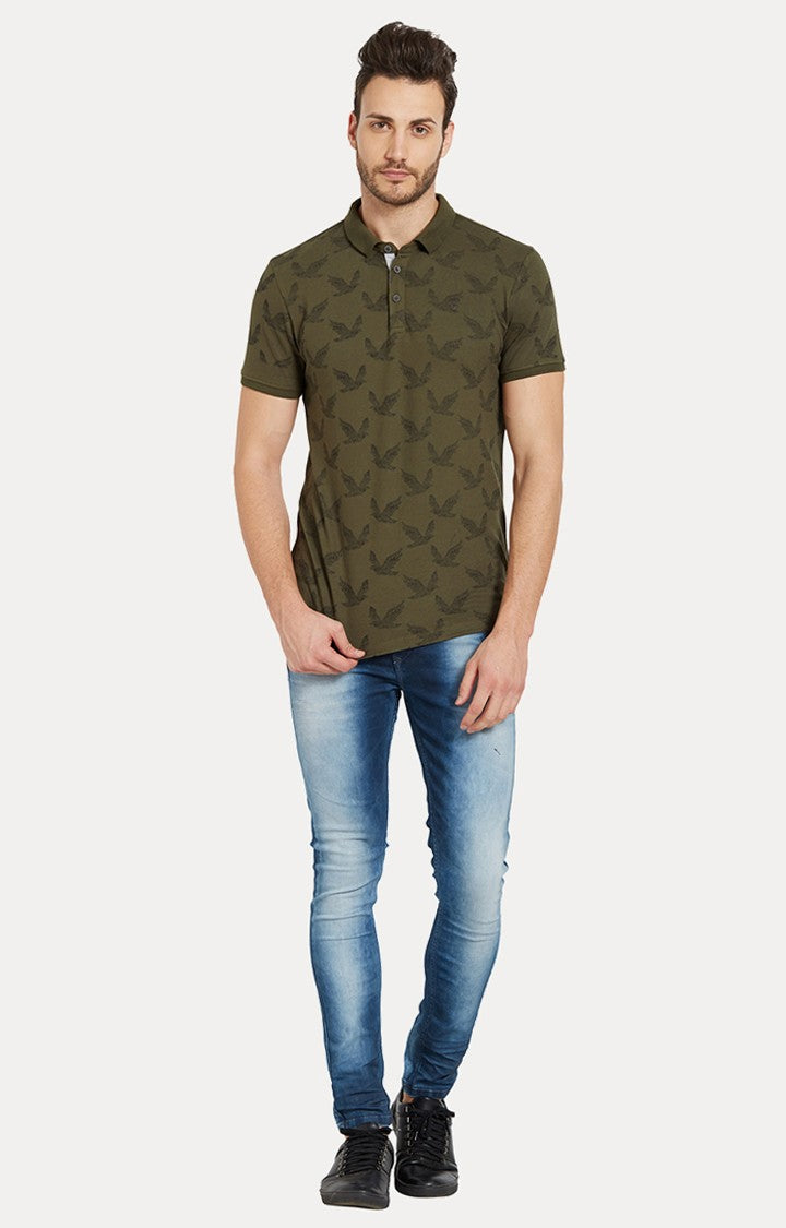 Spykar Green Printed Slim Fit Polo T-Shirt