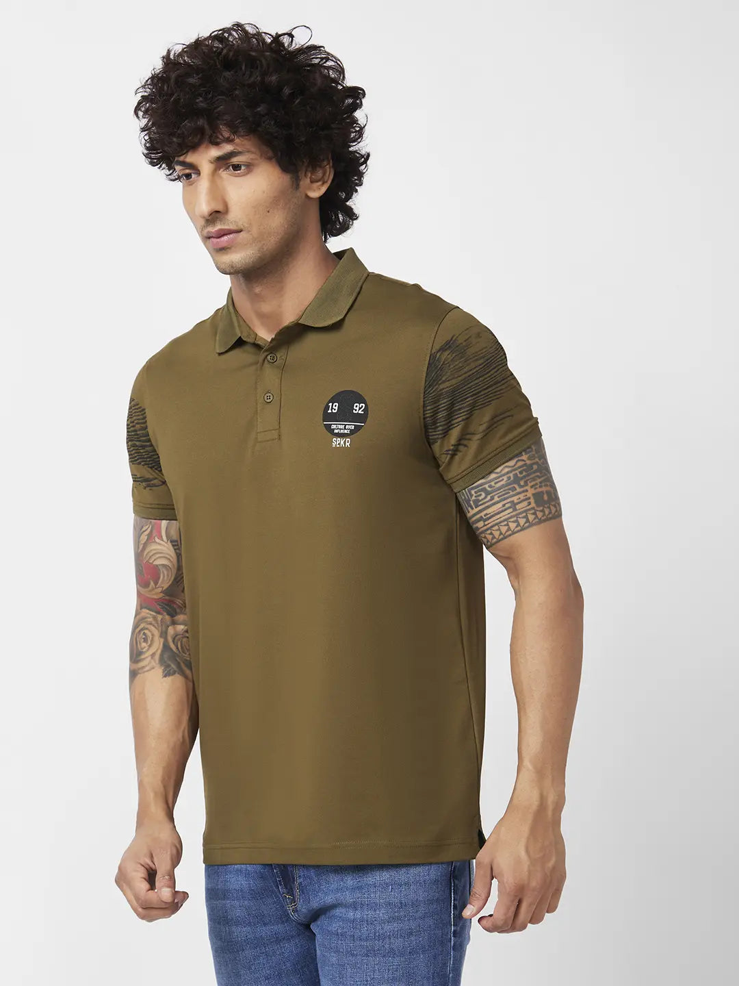 Spykar Men Military Green Blended Slim Fit Half Sleeve Polo Neck Plain Tshirt