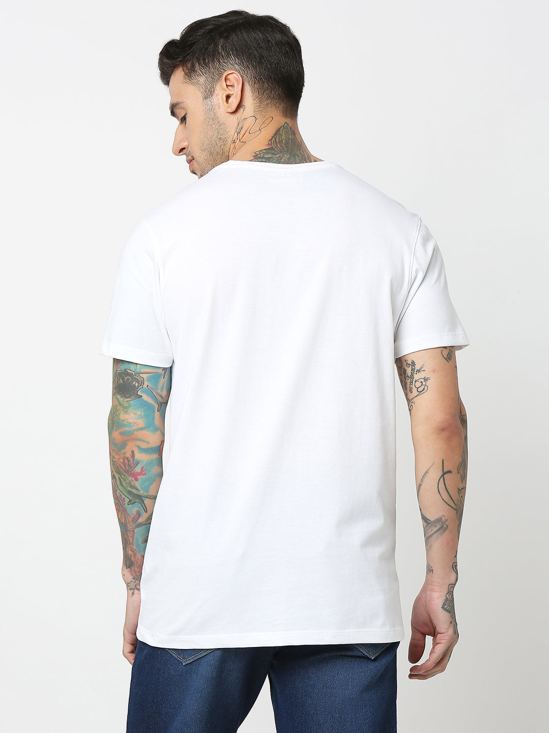 Spykar Men White Cotton Slim Fit Round Neck Printed T-Shirt