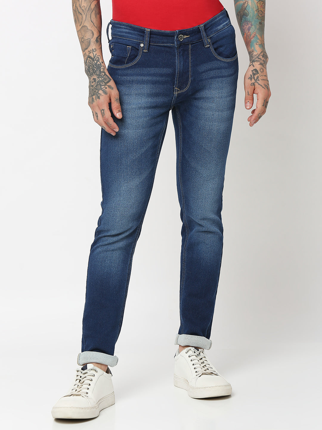 Spykar Men Mid Blue Cotton Super Slim Fit Tapered Length Jeans (Super Skinny)