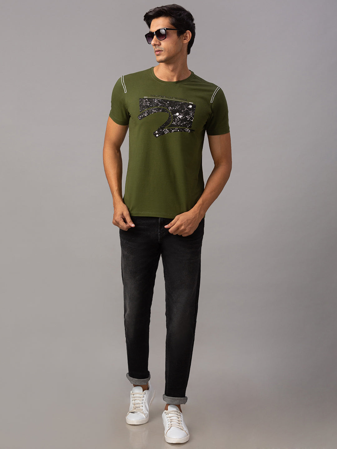 Spykar Men Green Cotton Slim Fit Round Neck T-Shirt