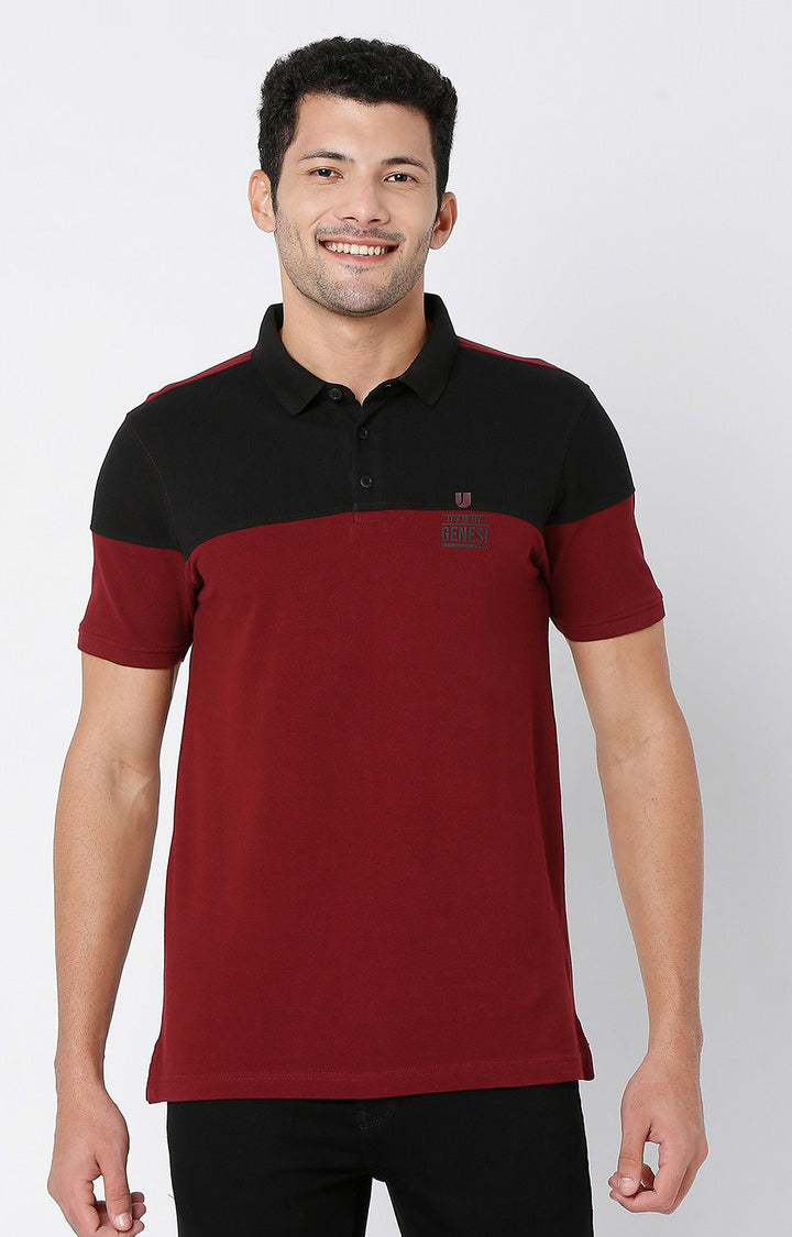 Men Premium Wine & Black Cotton Regular Fit Polo T-Shirt - Underjeans By Spykar