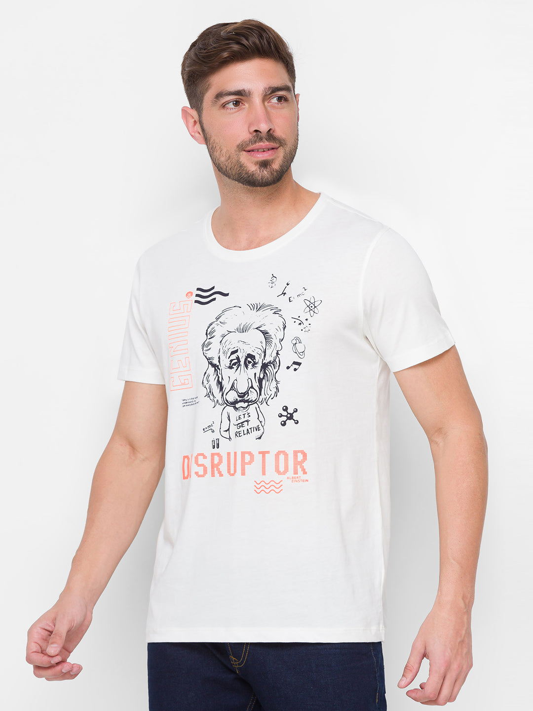 Albert Einstein Spykar Men White Cotton Slim Fit Round Neck T-Shirt