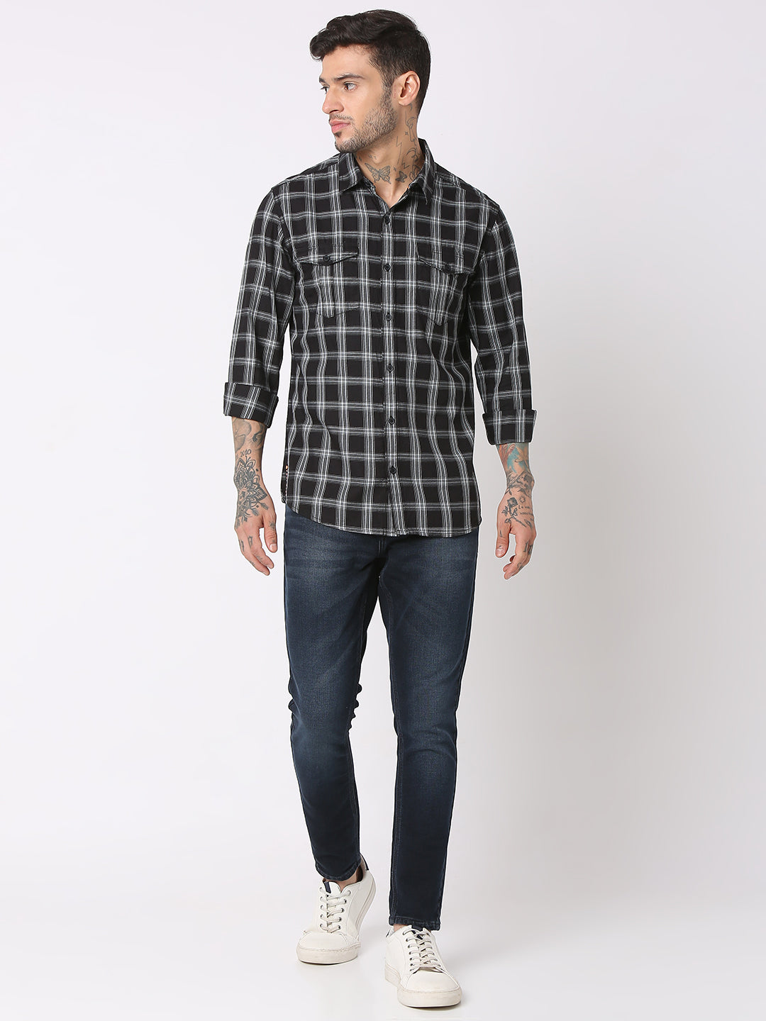 Spykar Men Black Cotton Regular Fit Checkered Shirts