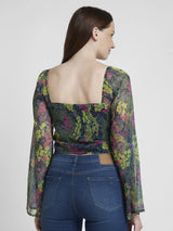 Spykar Women Green Chiffon Slim Fit Full Sleeve V-Neck Printed Crop Top