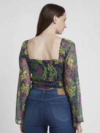 Spykar Women Green Chiffon Slim Fit Full Sleeve V-Neck Printed Crop Top