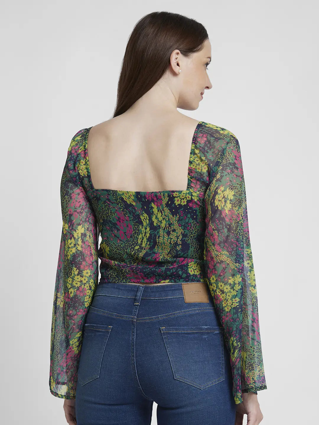 Spykar Women Green Chiffon Slim Fit Full Sleeve V-Neck Printed Crop Top