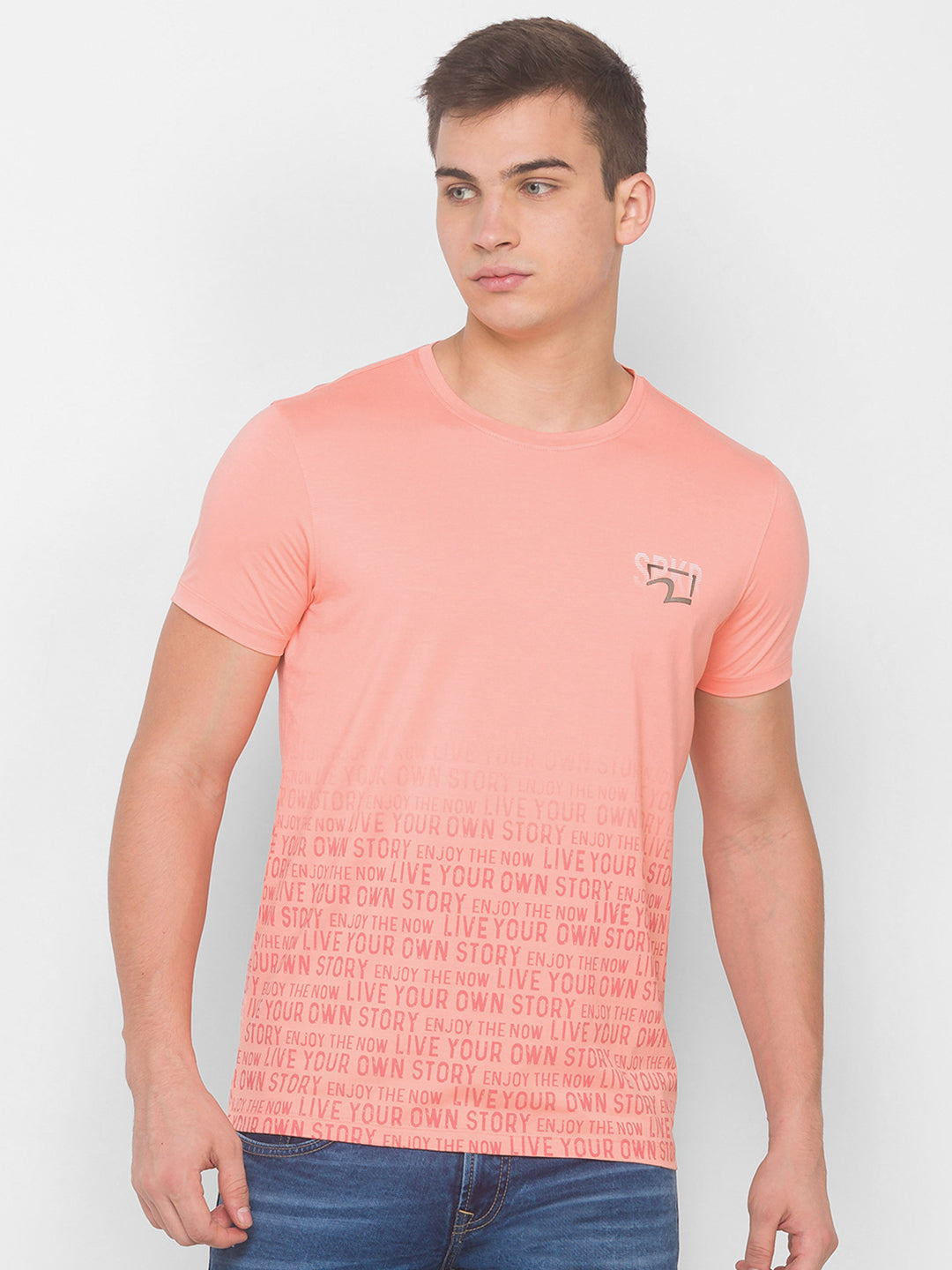 Spykar Men Peach Blended T-Shirt (Slim)