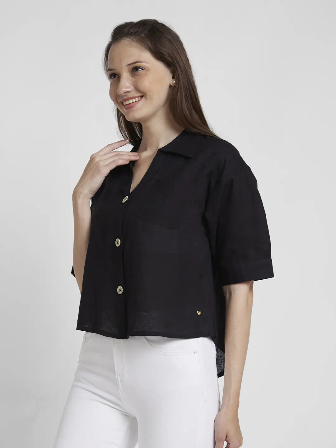 Spykar Women Black Viscose Linen Slim Fit Half Sleeve Plain Crop Shirt