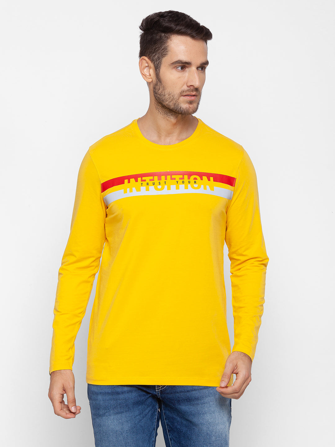 Spykar Men Yellow Cotton Slim Fit Round Neck T-Shirt