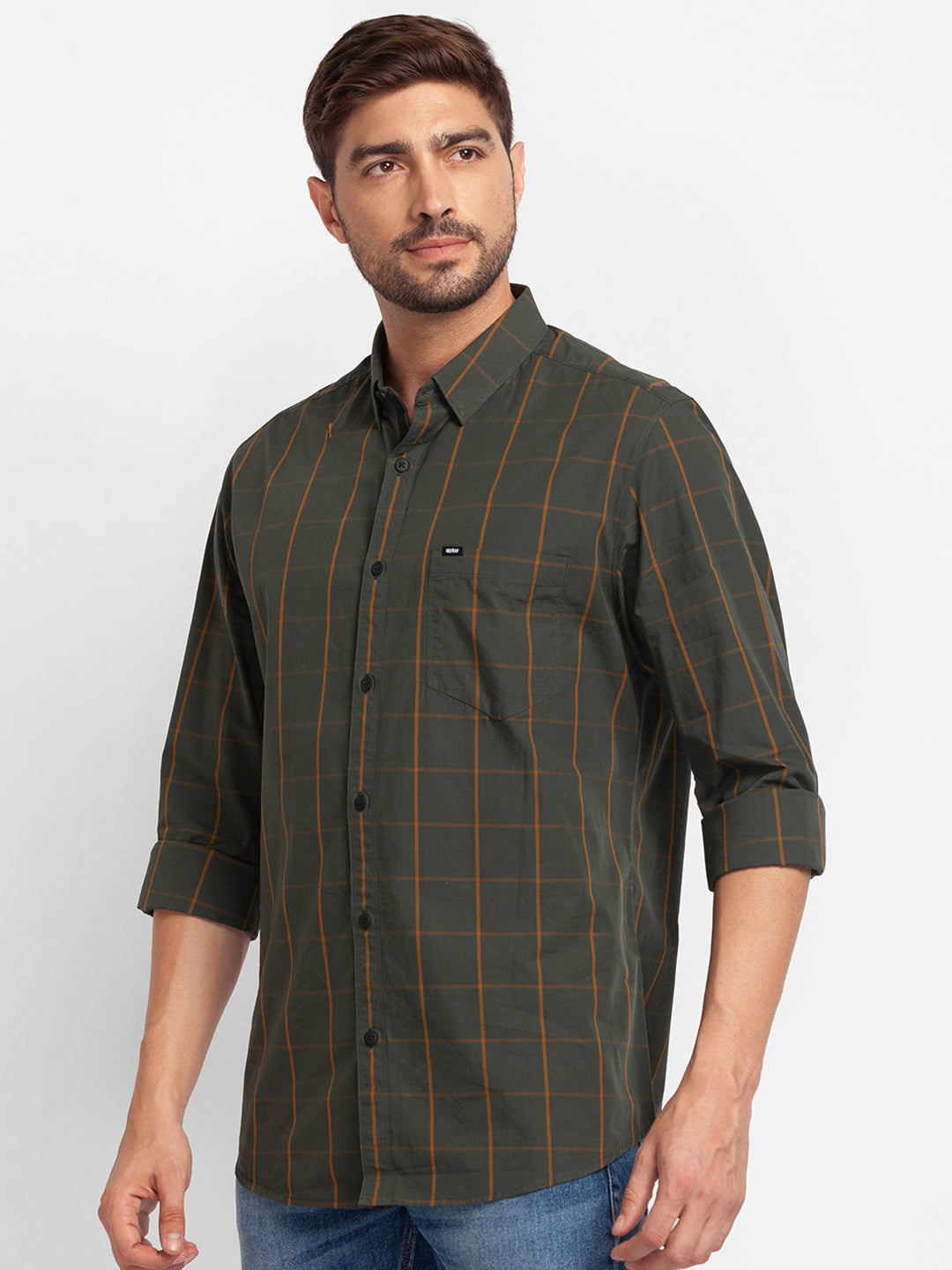 Spykar Bottle Green Cotton Full Sleeve Checks Shirt For Men