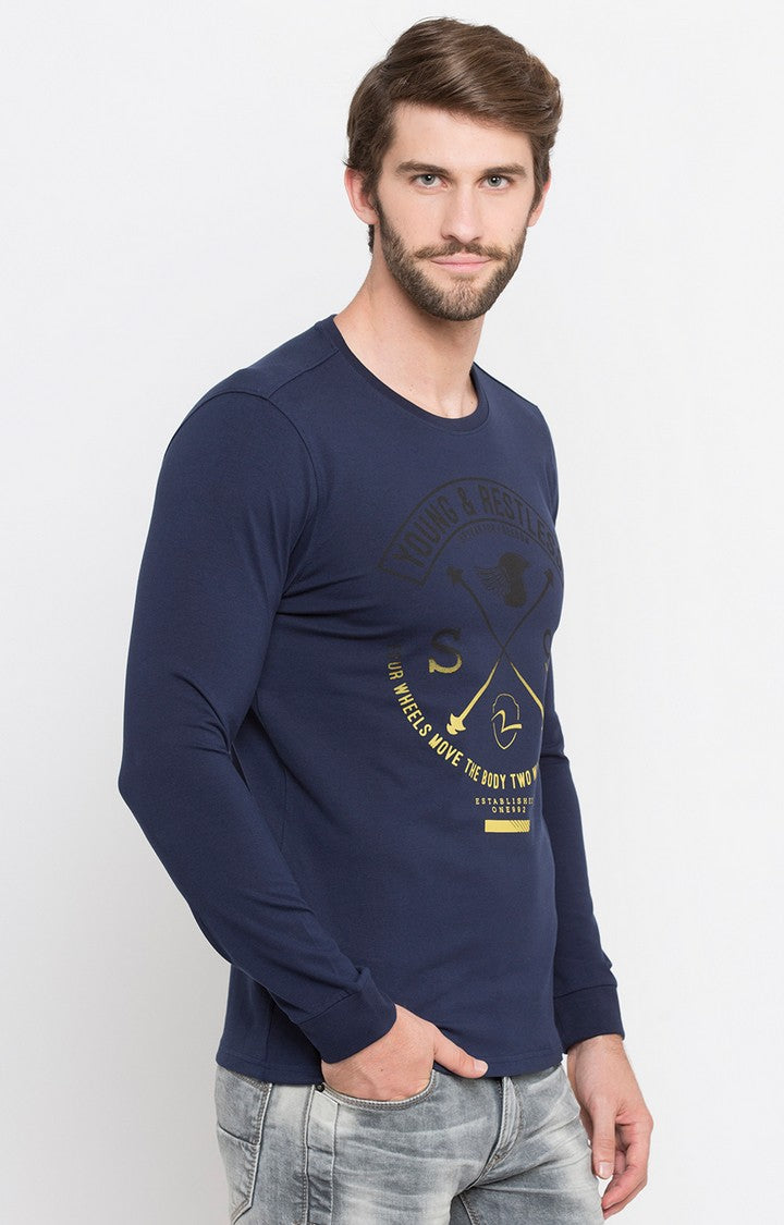 Spykar Blue Printed Slim Fit Men T-Shirts