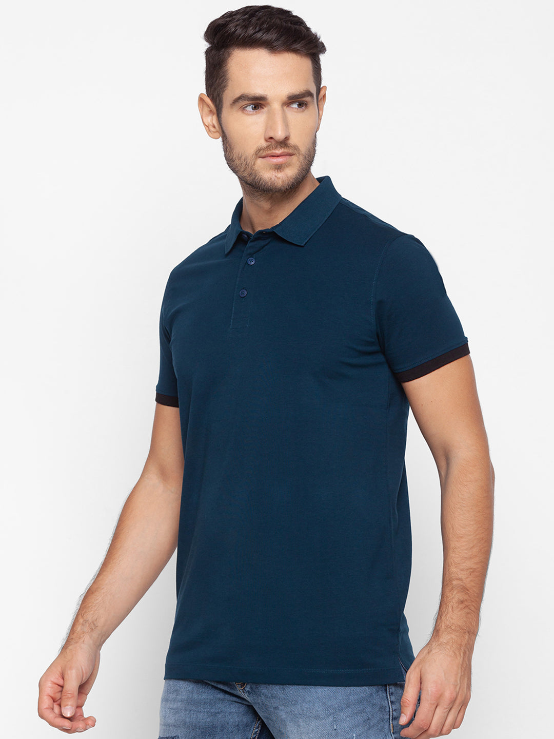 Spykar Men Blue Cotton Slim Fit Polo T-Shirt