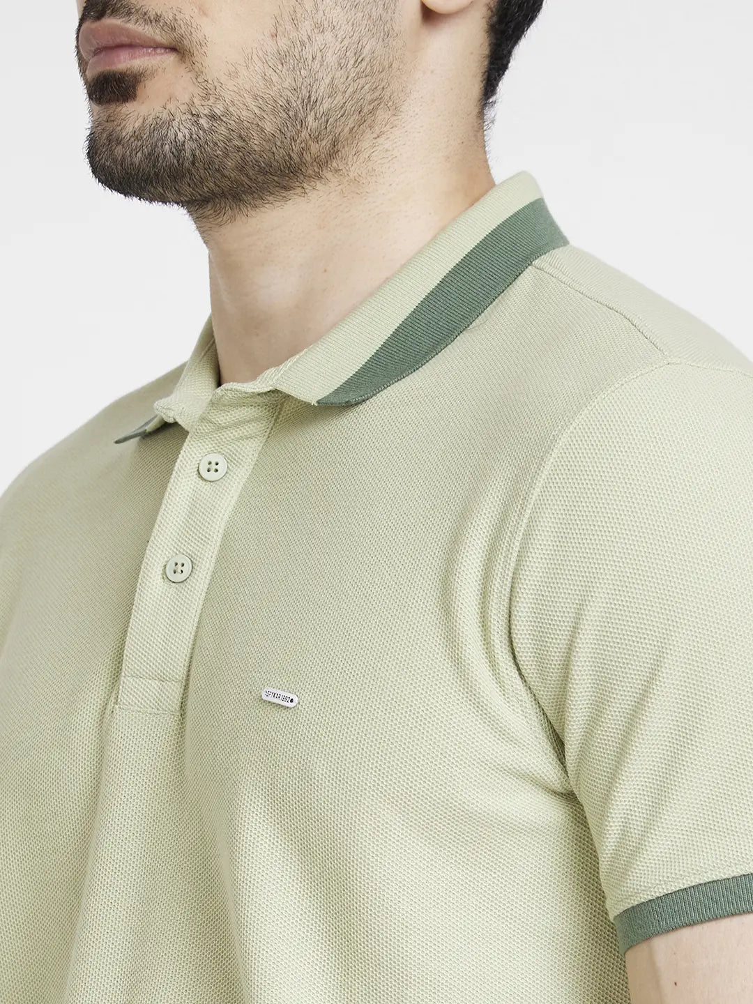 Spykar Men Dusty Pista Green Cotton Slim Fit Plain Polo Tshirt