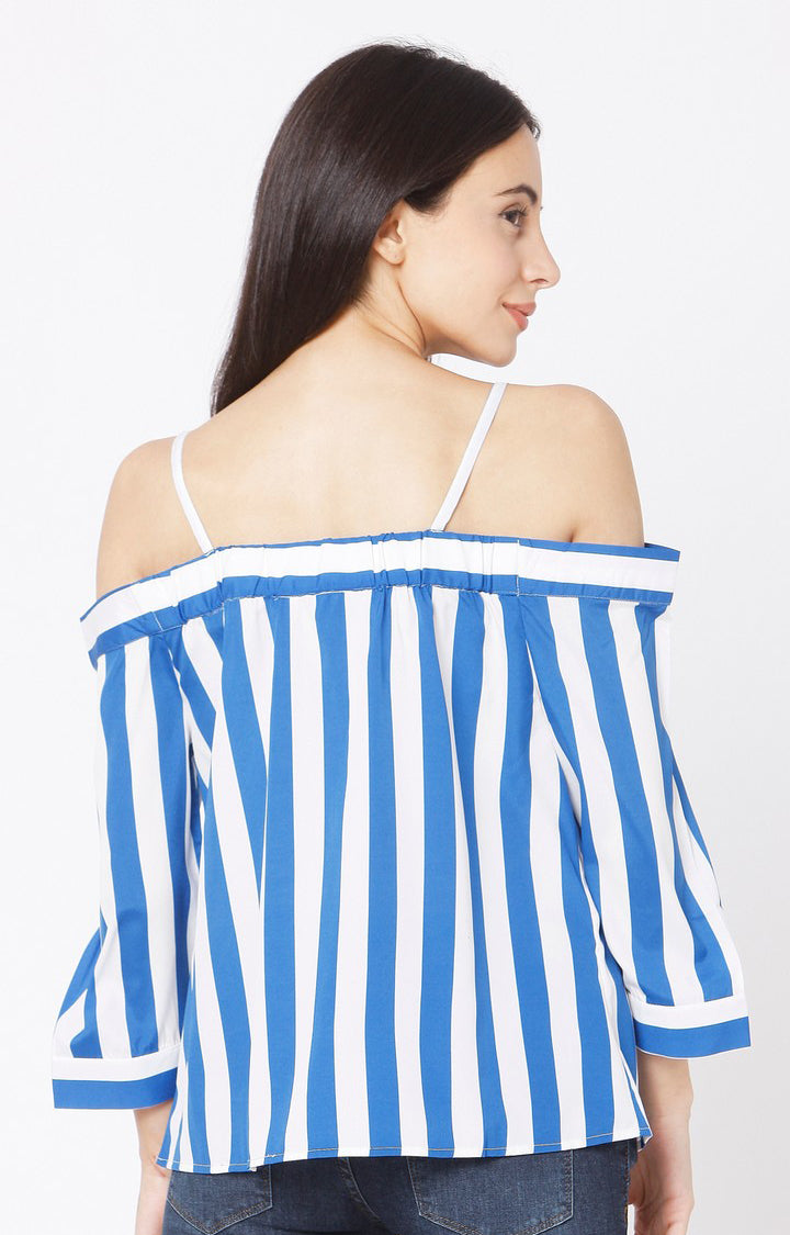 Spykar Slim Fit Blue Cotton Women Off Shoulder Stripe Top