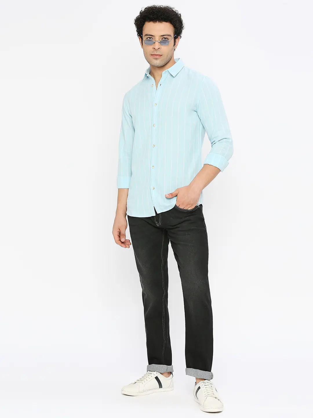 Spykar Men Sky Blue Cotton Linen Slim Fit Full Sleeve Striped Shirt