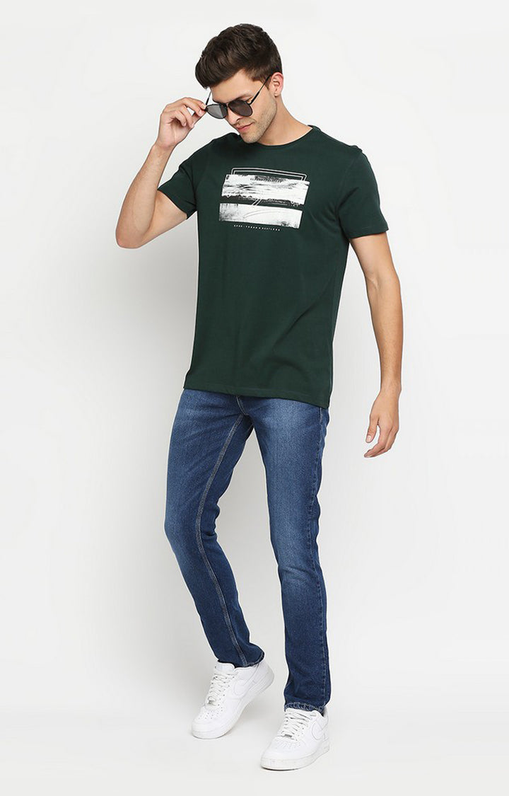 Spykar Men Green Cotton Slim Fit Round Neck T-Shirt