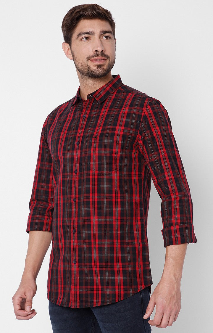 Spykar Men'S Red Cotton Checked Casual Shirts