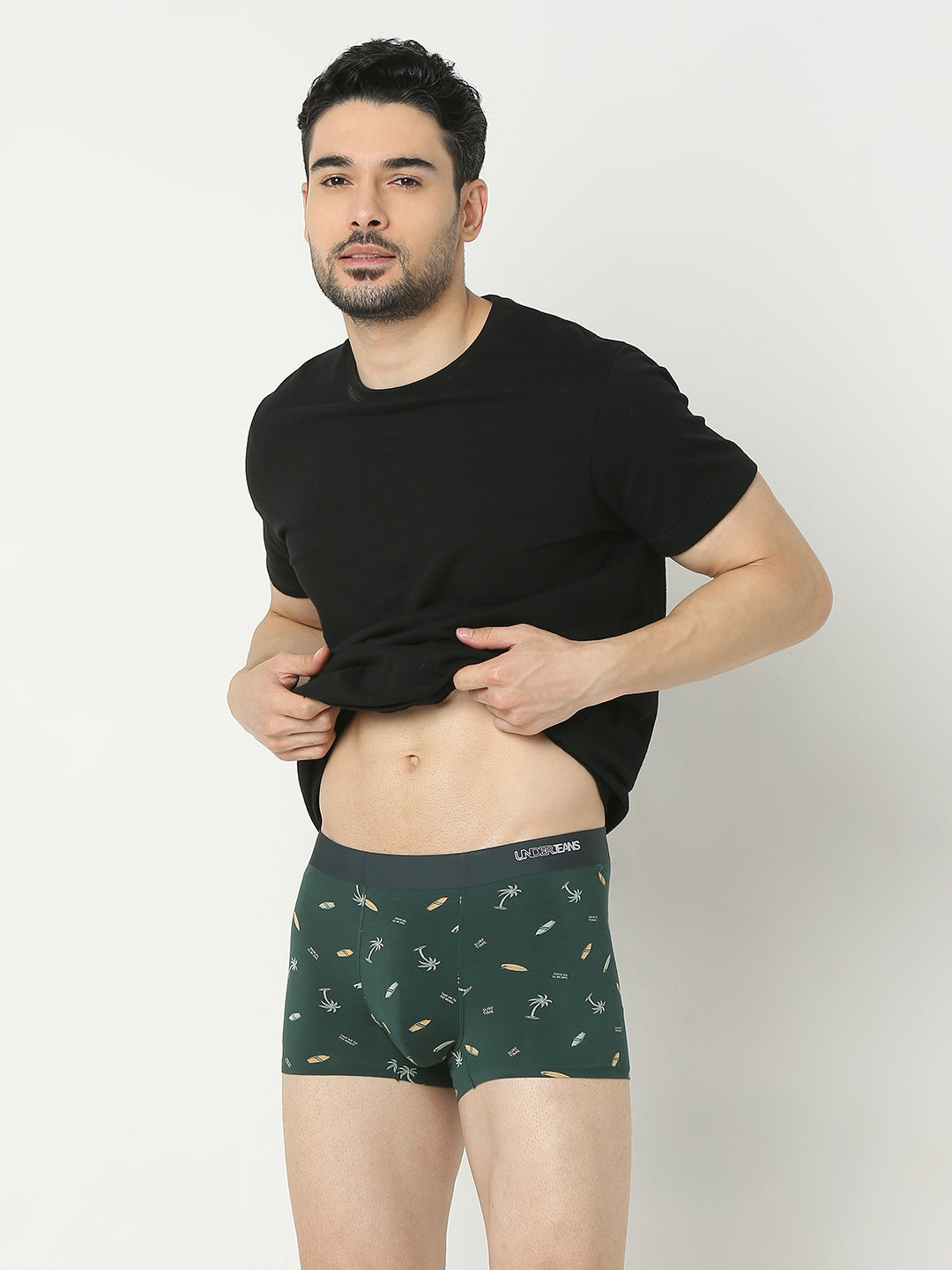 Underjeans By Spykar Men Super Premium Printed Bonded Elastic Bottle Green Trunk
