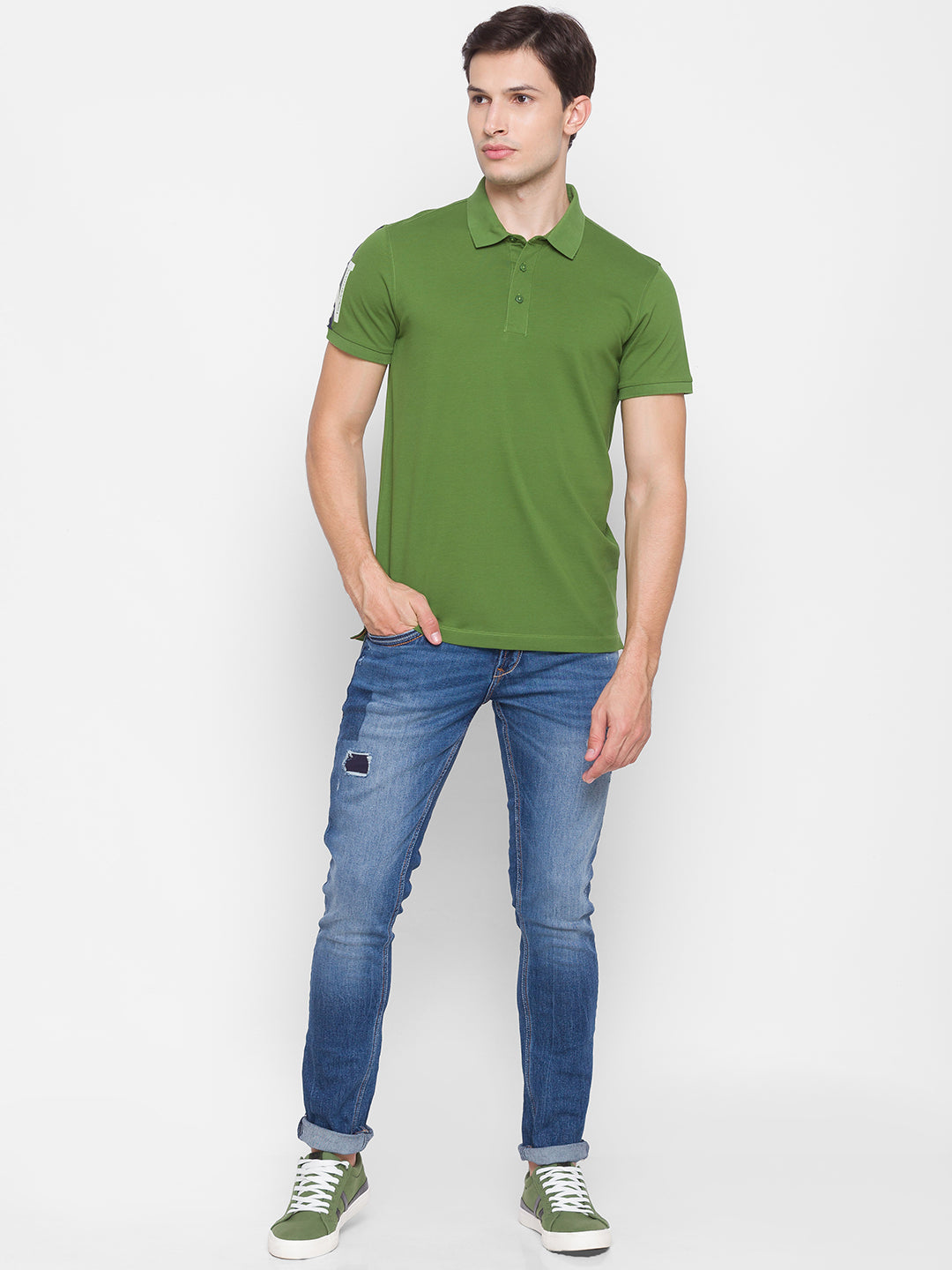 Spykar Men Green Cotton Slim Fit Polo T-Shirt