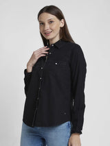 Spykar Women Black Cotton Regular Fit Full Sleeve Plain Shirt