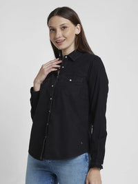 Spykar Women Black Cotton Regular Fit Full Sleeve Plain Shirt