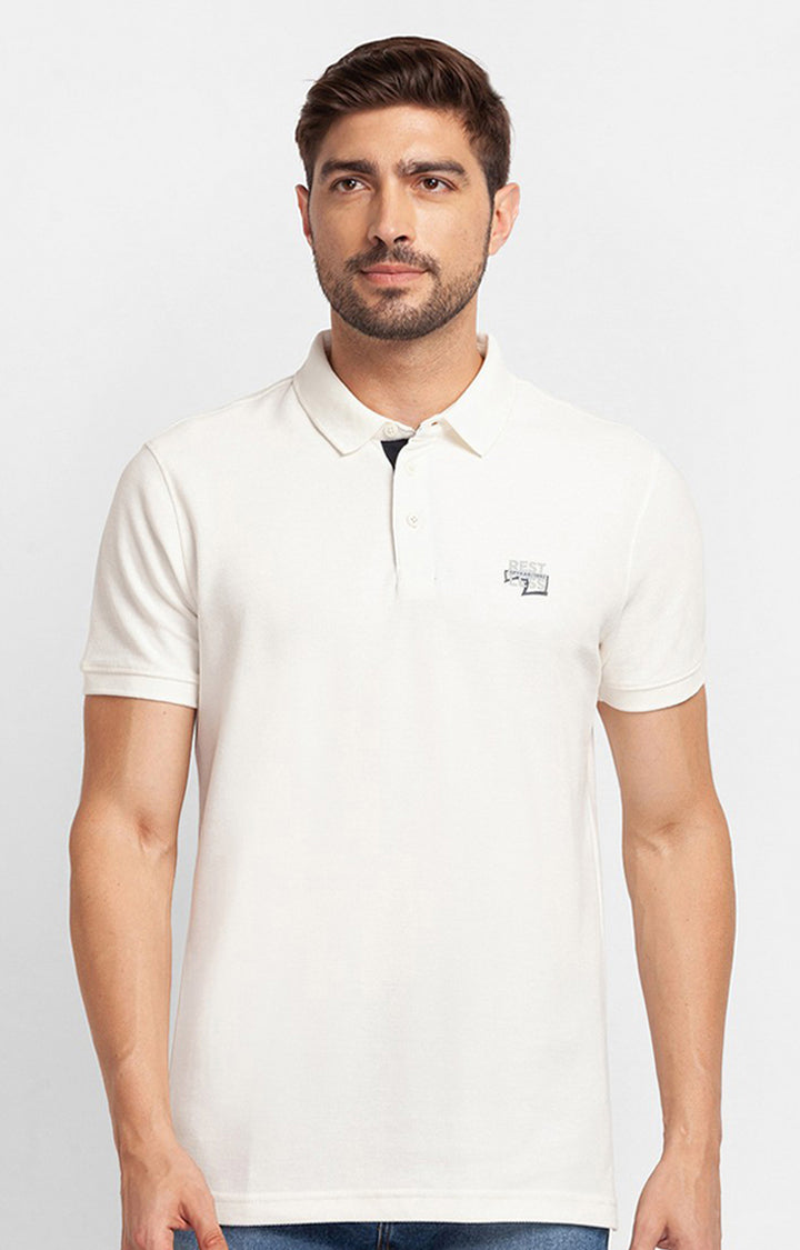 Spykar White Cotton Half Sleeve Plain Casual Polo T-shirt For Men