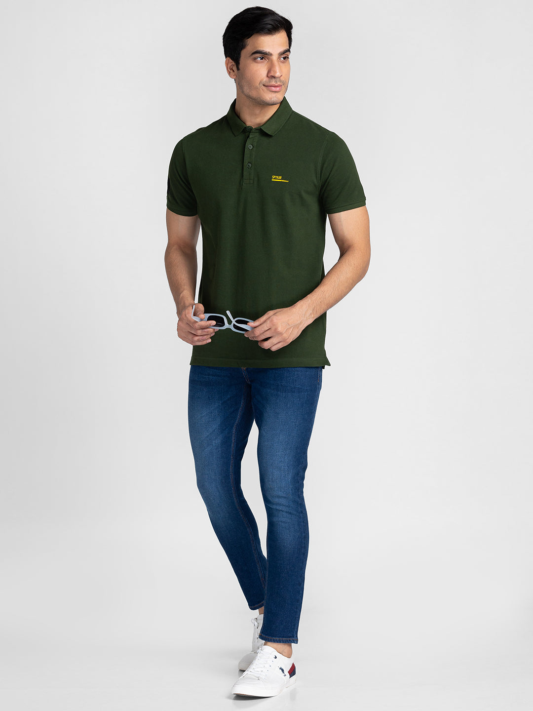 Spykar Men Rifle Green Cotton Slim Fit Polo Plain T-Shirt