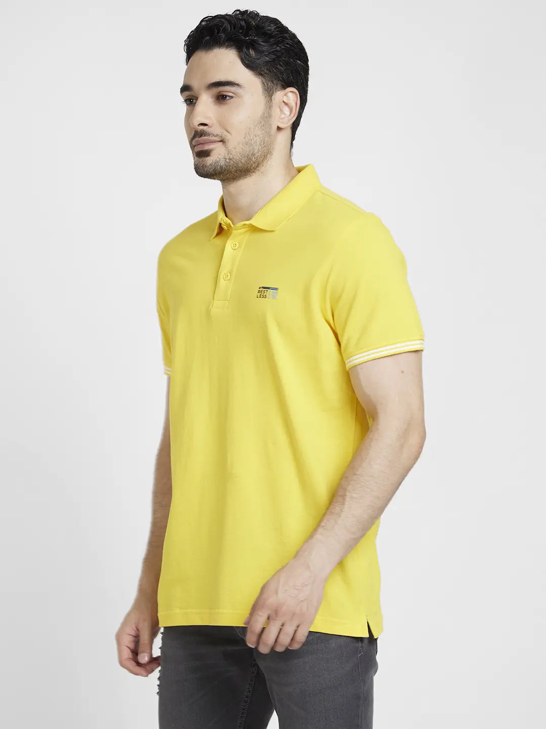 Spykar Men Yellow Cotton Slim Fit Plain Polo Tshirt