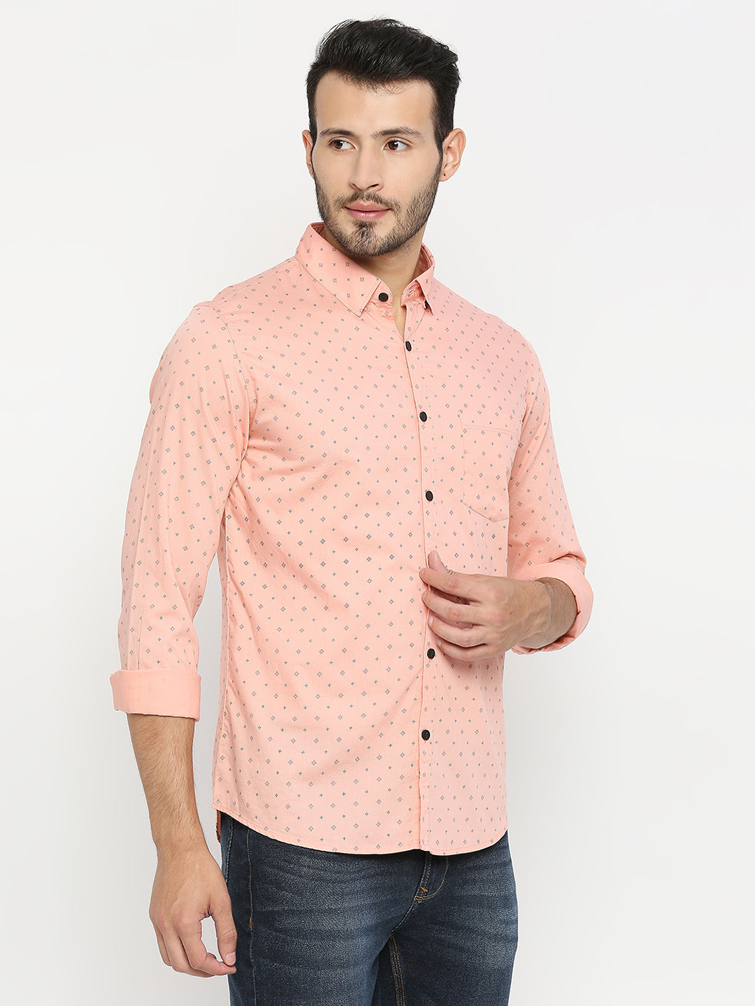 Spykar Men Pink Cotton Full Sleeve Printed Shirt